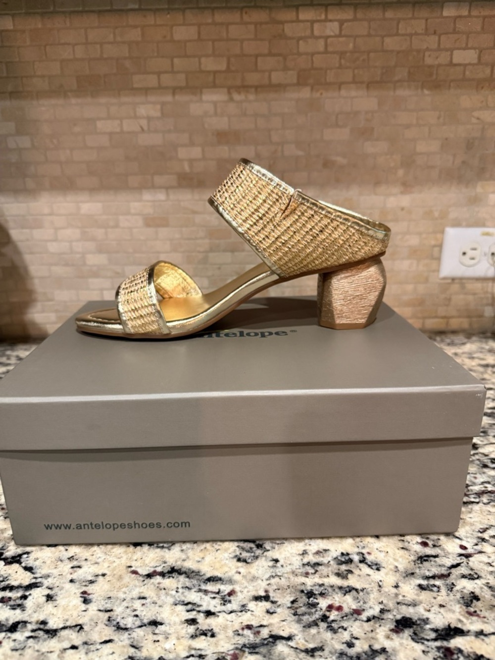Antelope Metallic Gold Woven Mid Block Heel Sandal